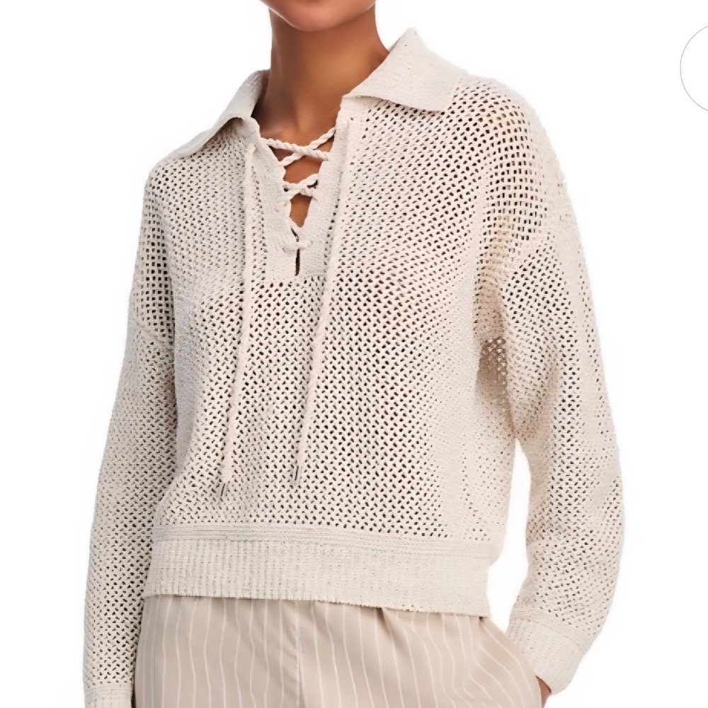 JOIE CREAM METALIC GLIMMER SEQUINS OPEN KNIT LACE UP SWEATER